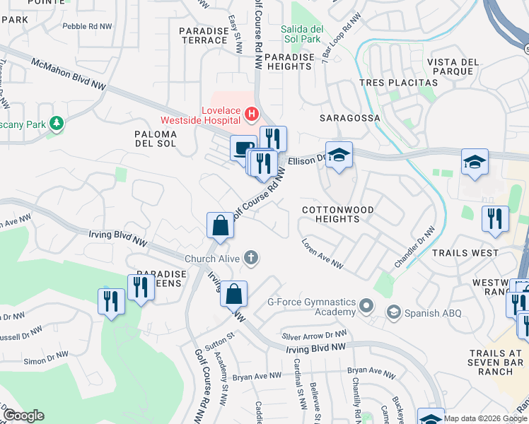 map of restaurants, bars, coffee shops, grocery stores, and more near 10300 Golf Course Road Northwest in Albuquerque