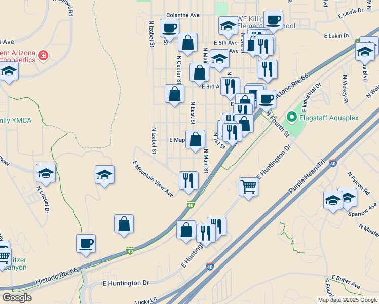 map of restaurants, bars, coffee shops, grocery stores, and more near 1620 North Center Street in Flagstaff
