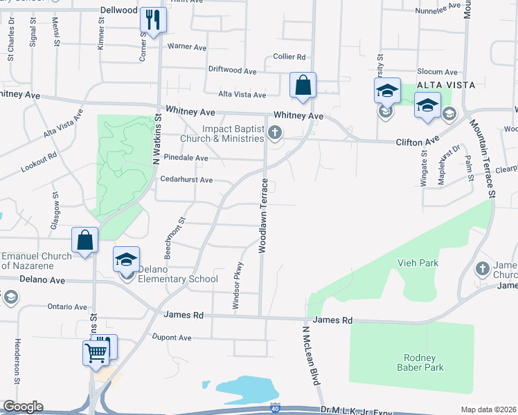 map of restaurants, bars, coffee shops, grocery stores, and more near 2856 Woodlawn Terrace in Memphis