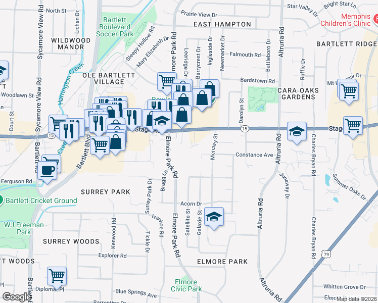 map of restaurants, bars, coffee shops, grocery stores, and more near 2855 Stage Village Cove in Bartlett