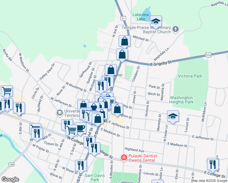 map of restaurants, bars, coffee shops, grocery stores, and more near 435 North 1st Street in Pulaski