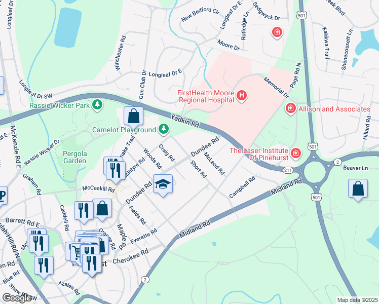 map of restaurants, bars, coffee shops, grocery stores, and more near 265 Dundee Road in Pinehurst
