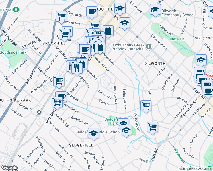 map of restaurants, bars, coffee shops, grocery stores, and more near 2210 Sumner Green Avenue in Charlotte