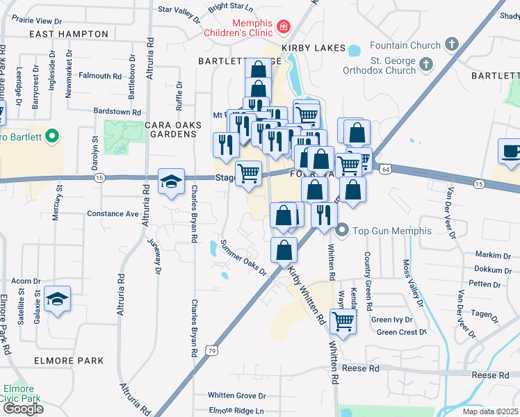 map of restaurants, bars, coffee shops, grocery stores, and more near 2841 Kirby Whitten Road in Bartlett