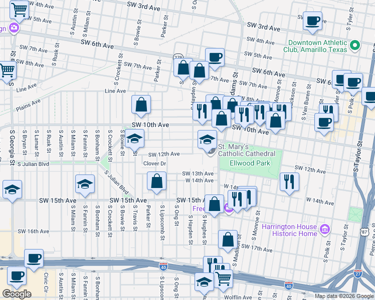 map of restaurants, bars, coffee shops, grocery stores, and more near 1207 Southwest 11th Avenue in Amarillo