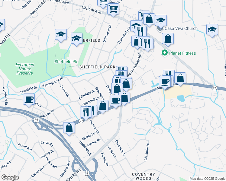 map of restaurants, bars, coffee shops, grocery stores, and more near 3148 Driftwood Drive in Charlotte