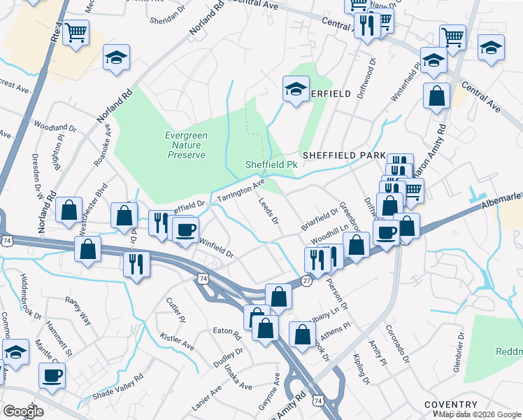 map of restaurants, bars, coffee shops, grocery stores, and more near 4028 Leeds Drive in Charlotte