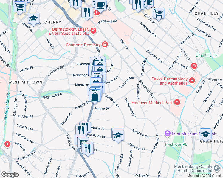 map of restaurants, bars, coffee shops, grocery stores, and more near 510 Willoughby Street in Charlotte