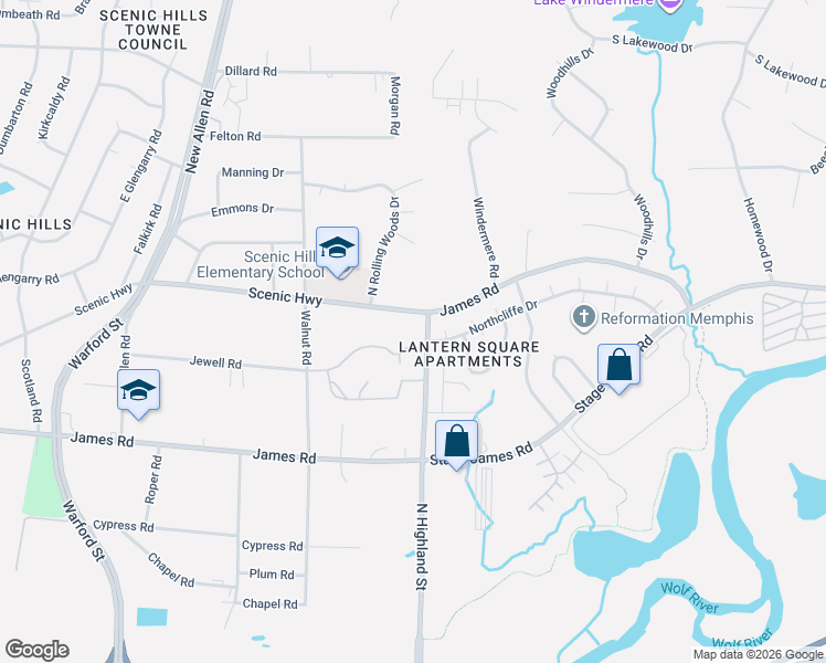 map of restaurants, bars, coffee shops, grocery stores, and more near 3565 Scenic Highway in Memphis