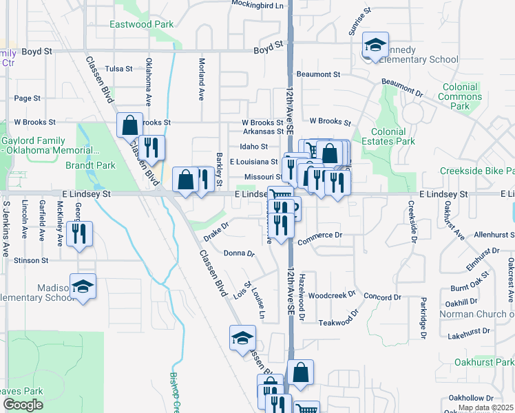map of restaurants, bars, coffee shops, grocery stores, and more near 2100 Houston Avenue in Norman