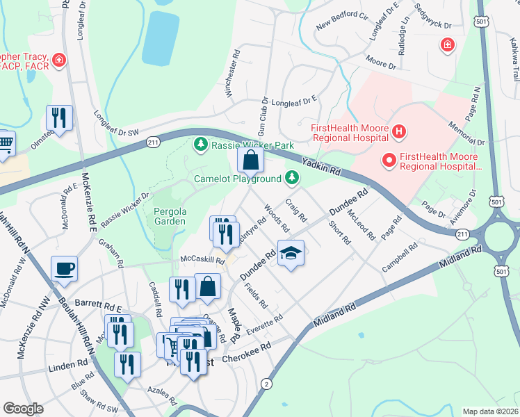 map of restaurants, bars, coffee shops, grocery stores, and more near 105 Woods Road in Pinehurst