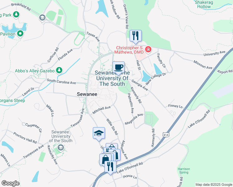 map of restaurants, bars, coffee shops, grocery stores, and more near 131 Alabama Avenue in Sewanee