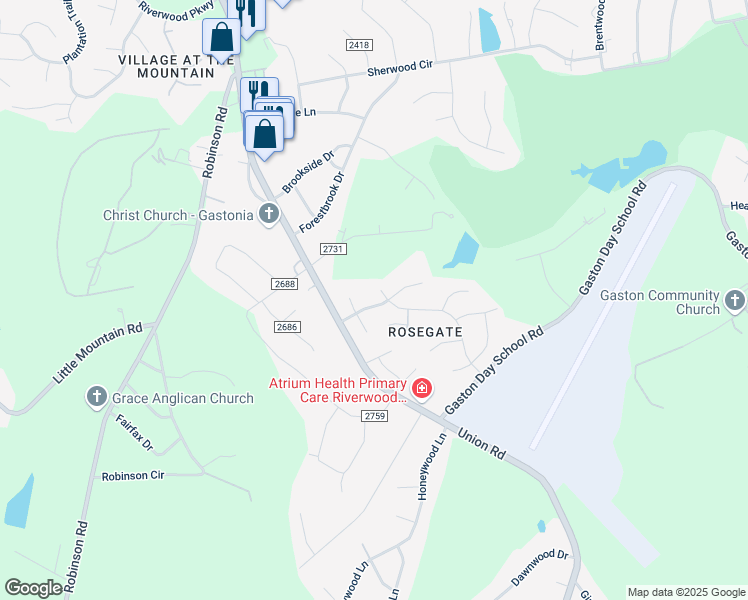 map of restaurants, bars, coffee shops, grocery stores, and more near 724 Rosegate Drive in Gastonia