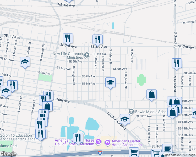 map of restaurants, bars, coffee shops, grocery stores, and more near 2600-2698 Southeast 7th Avenue in Amarillo