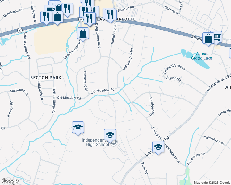 map of restaurants, bars, coffee shops, grocery stores, and more near 6128 Old Meadow Road in Charlotte
