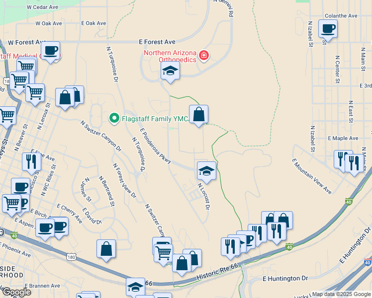 map of restaurants, bars, coffee shops, grocery stores, and more near 1040 East Apple Way in Flagstaff