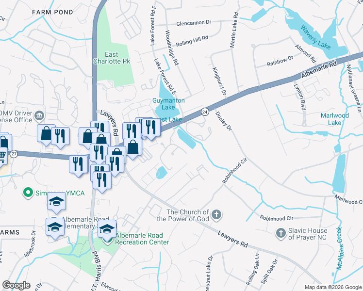 map of restaurants, bars, coffee shops, grocery stores, and more near 7331 Winery Lane in Charlotte