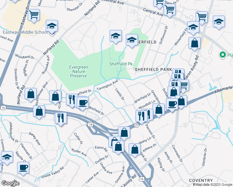 map of restaurants, bars, coffee shops, grocery stores, and more near 4028 Leeds Drive in Charlotte
