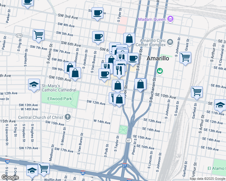 map of restaurants, bars, coffee shops, grocery stores, and more near 1000 South Polk Street in Amarillo