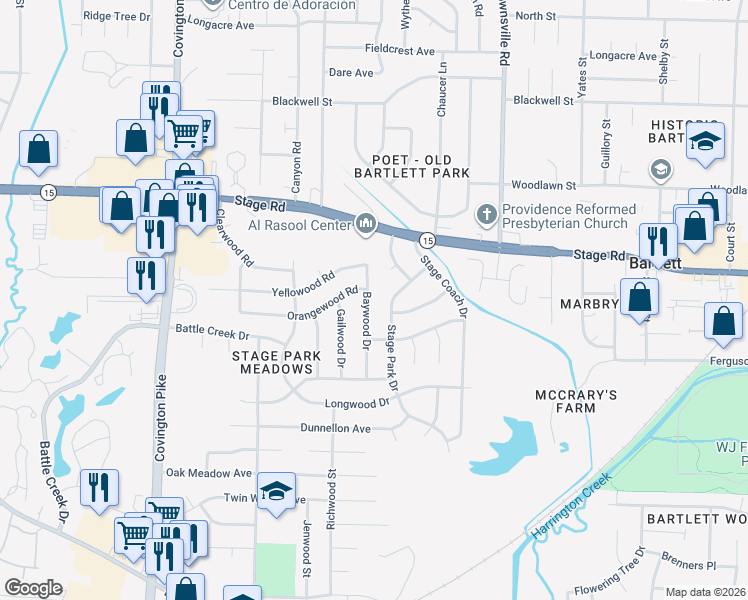 map of restaurants, bars, coffee shops, grocery stores, and more near 2856 Baywood Drive in Memphis