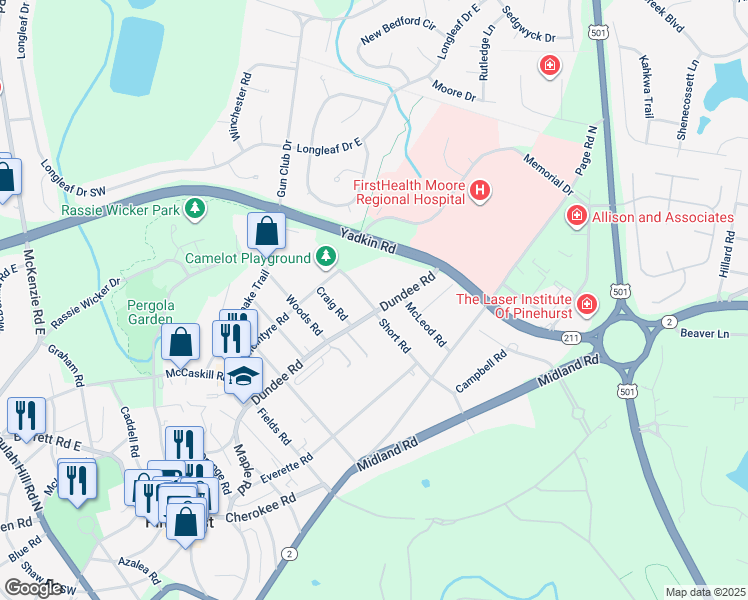 map of restaurants, bars, coffee shops, grocery stores, and more near 265 Dundee Road in Pinehurst