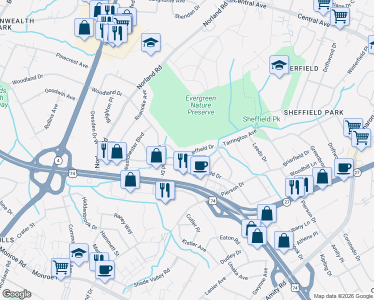 map of restaurants, bars, coffee shops, grocery stores, and more near 3915 Sheffield Dr in Charlotte