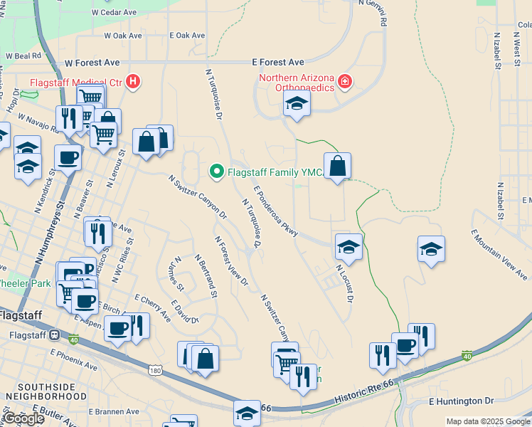 map of restaurants, bars, coffee shops, grocery stores, and more near 840 East Ponderosa Parkway in Flagstaff