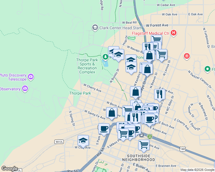 map of restaurants, bars, coffee shops, grocery stores, and more near 410 North Bonito Street in Flagstaff
