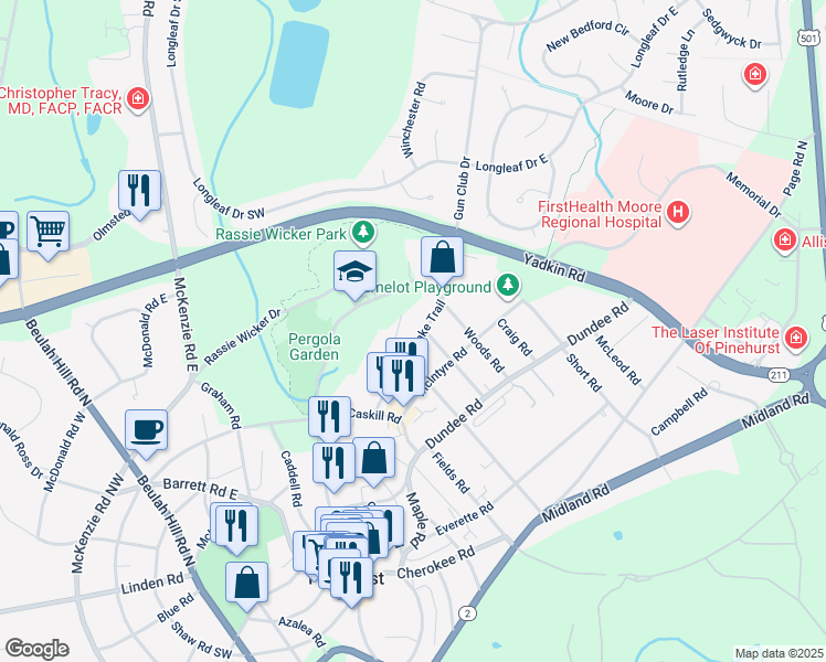 map of restaurants, bars, coffee shops, grocery stores, and more near 105 Rattlesnake Trail in Pinehurst