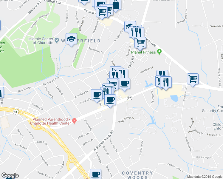 map of restaurants, bars, coffee shops, grocery stores, and more near 3148 Driftwood Drive in Charlotte