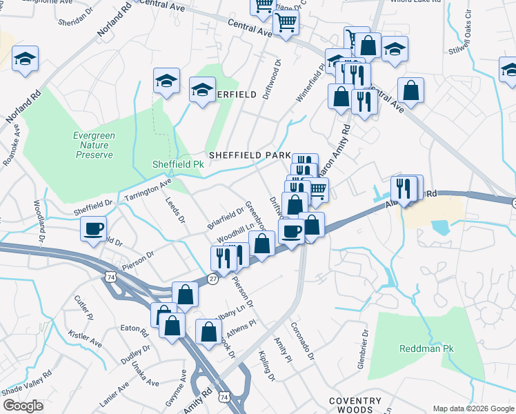 map of restaurants, bars, coffee shops, grocery stores, and more near 3219 Driftwood Drive in Charlotte