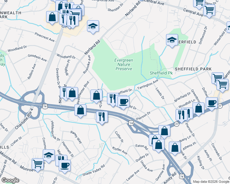 map of restaurants, bars, coffee shops, grocery stores, and more near 3915 Sheffield Drive in Charlotte