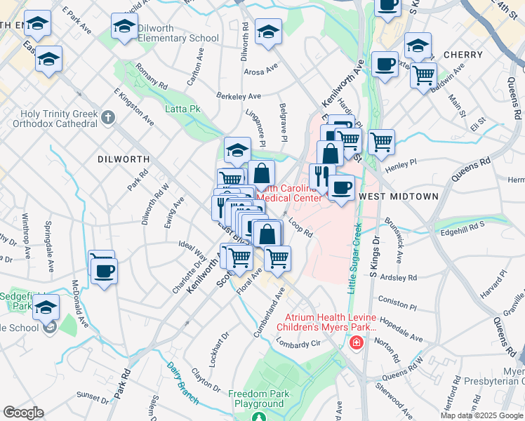map of restaurants, bars, coffee shops, grocery stores, and more near in Charlotte