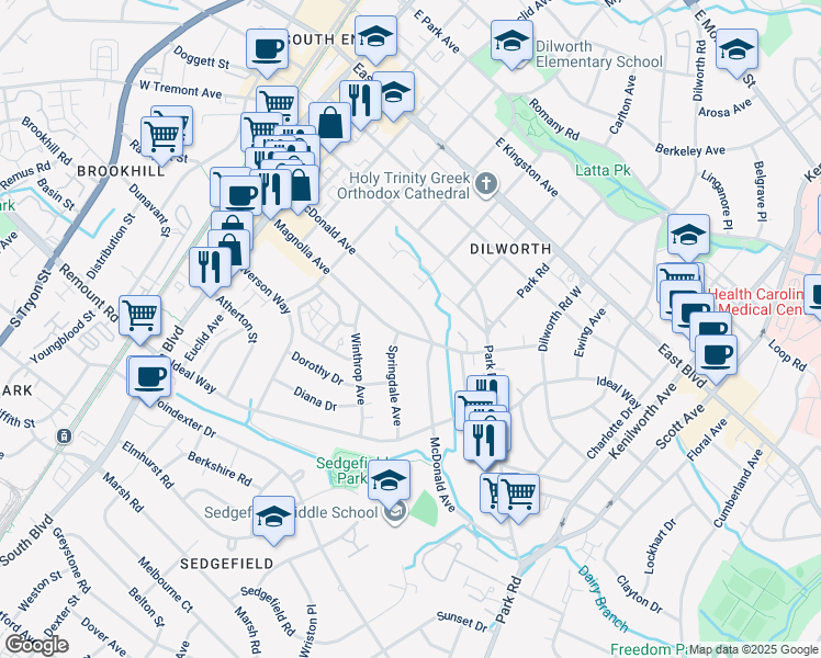 map of restaurants, bars, coffee shops, grocery stores, and more near 601 Magnolia Avenue in Charlotte