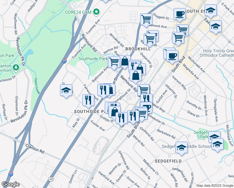 map of restaurants, bars, coffee shops, grocery stores, and more near 3115 Robeline Lane in Charlotte