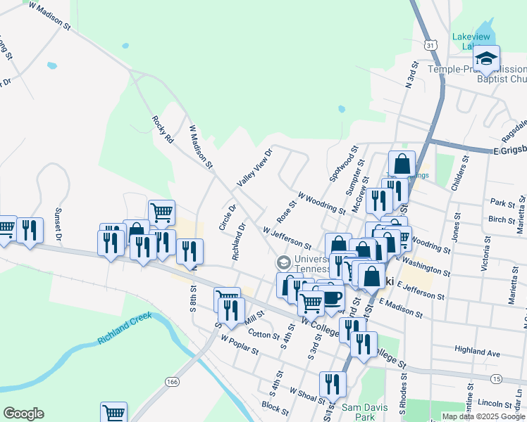 map of restaurants, bars, coffee shops, grocery stores, and more near 117 Edgehill Drive in Pulaski
