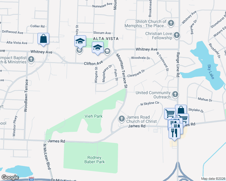 map of restaurants, bars, coffee shops, grocery stores, and more near 2365 Rosehaven Avenue in Memphis
