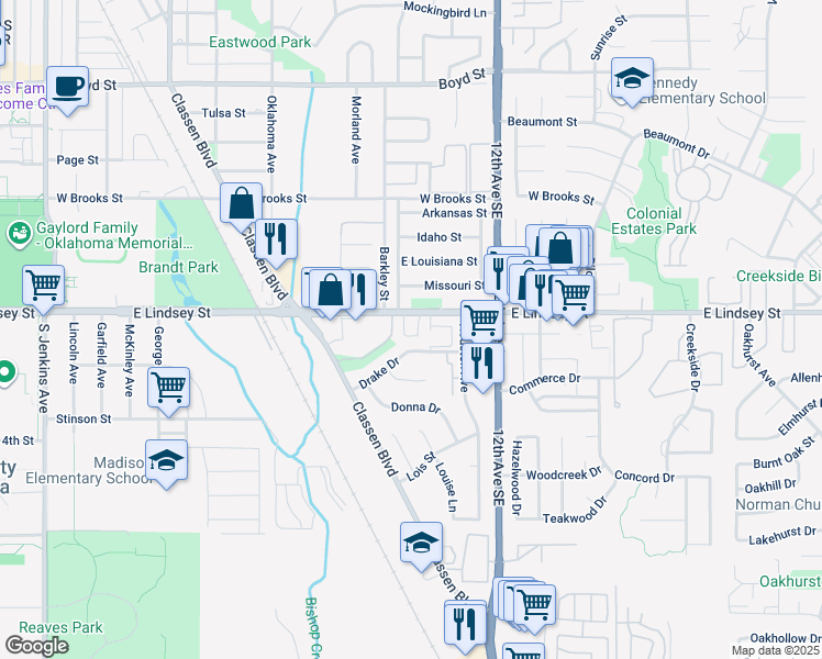map of restaurants, bars, coffee shops, grocery stores, and more near 922 East Lindsey Street in Norman