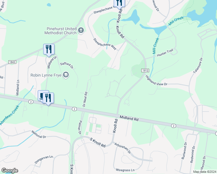 map of restaurants, bars, coffee shops, grocery stores, and more near 166 Starland Lane in Southern Pines