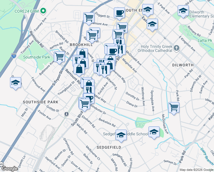 map of restaurants, bars, coffee shops, grocery stores, and more near in Charlotte