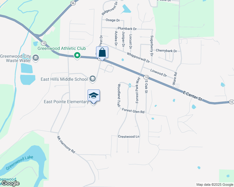 map of restaurants, bars, coffee shops, grocery stores, and more near 675 Woodland Trail in Greenwood