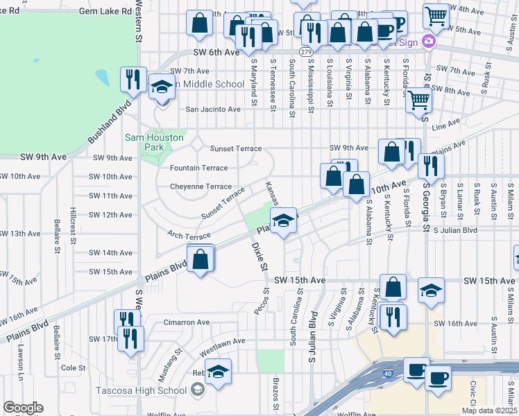 map of restaurants, bars, coffee shops, grocery stores, and more near 3500 Southwest 11th Avenue in Amarillo