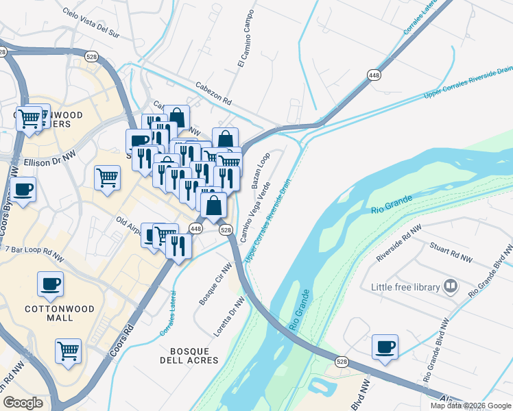 map of restaurants, bars, coffee shops, grocery stores, and more near Camino Vega Verde in Corrales