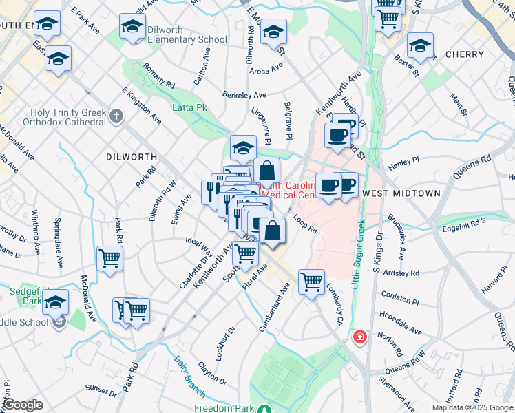 map of restaurants, bars, coffee shops, grocery stores, and more near 1612 Kenilworth Avenue in Charlotte