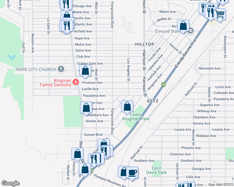 map of restaurants, bars, coffee shops, grocery stores, and more near 2109 Pasadena Avenue in Kingman