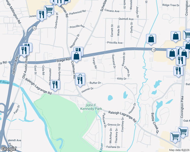 map of restaurants, bars, coffee shops, grocery stores, and more near 2851 Fargo Road in Memphis