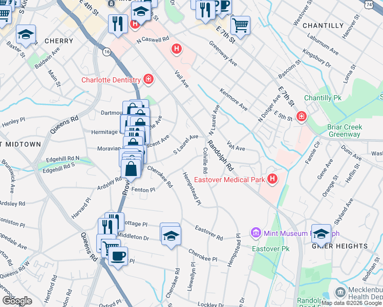 map of restaurants, bars, coffee shops, grocery stores, and more near 201 South Laurel Avenue in Charlotte