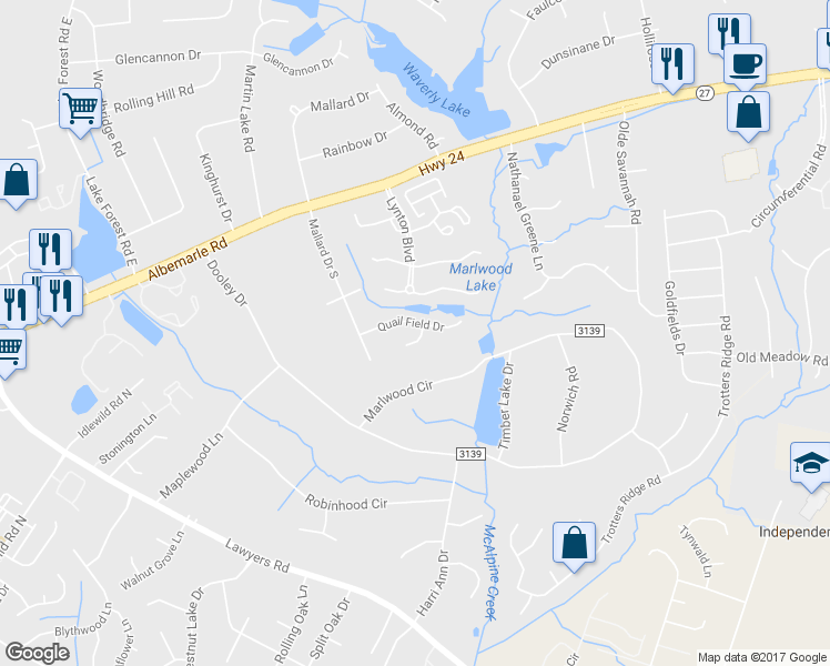 map of restaurants, bars, coffee shops, grocery stores, and more near 5408 Leaford Court in Charlotte