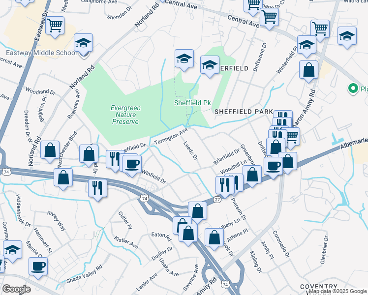 map of restaurants, bars, coffee shops, grocery stores, and more near 4028 Leeds Drive in Charlotte