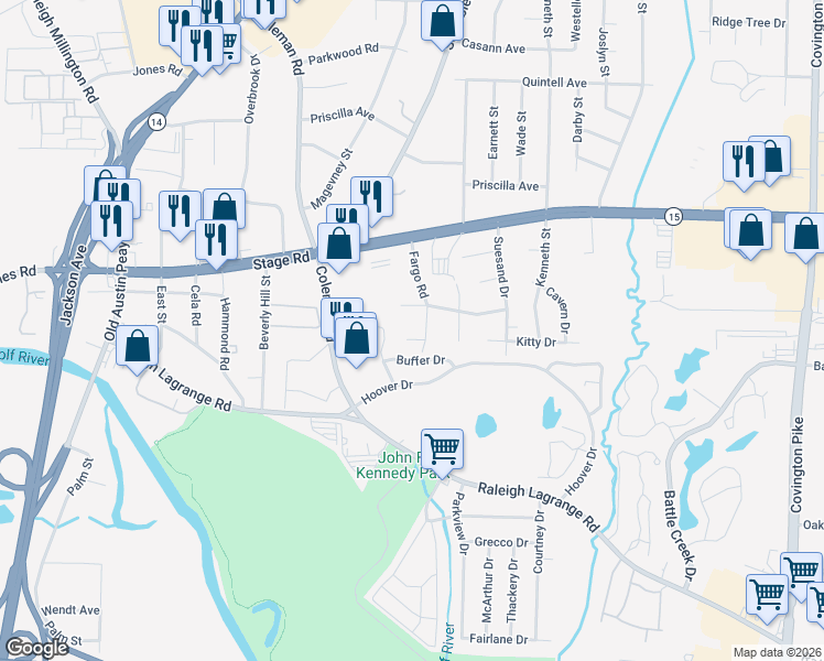 map of restaurants, bars, coffee shops, grocery stores, and more near 2851 Fargo Road in Memphis